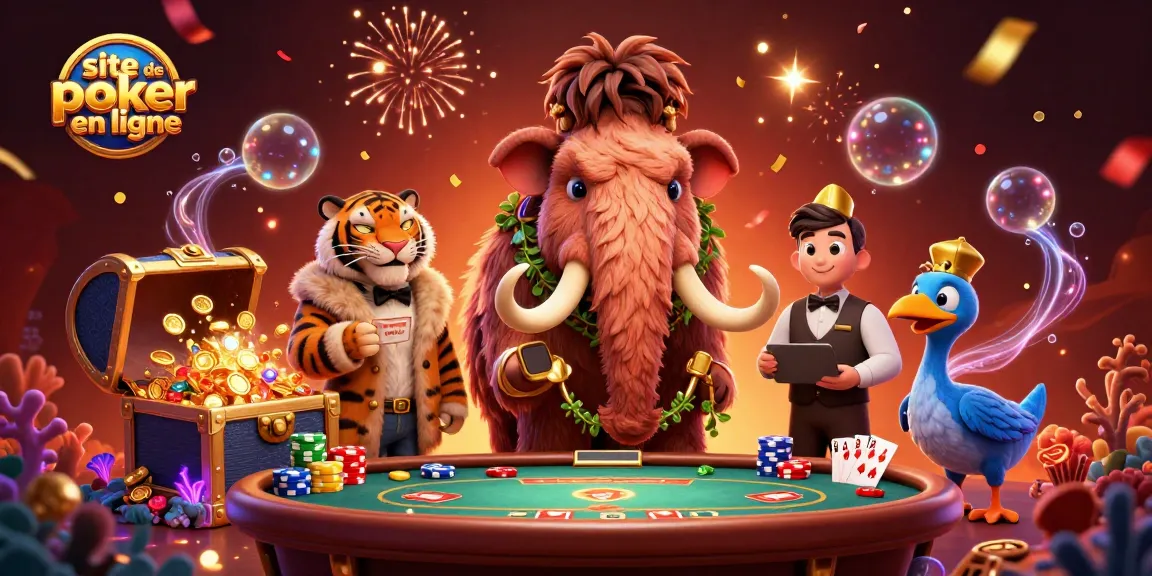Jouez sur un site de poker en ligne avec un bouncer mammouth et un VIP tigre dans un décor animé.