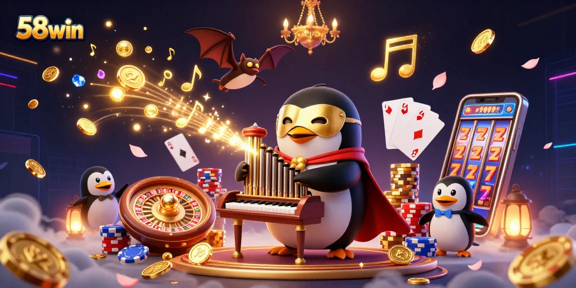 Experience the excitement of 58win with a vibrant casino illustration full of animated elements.