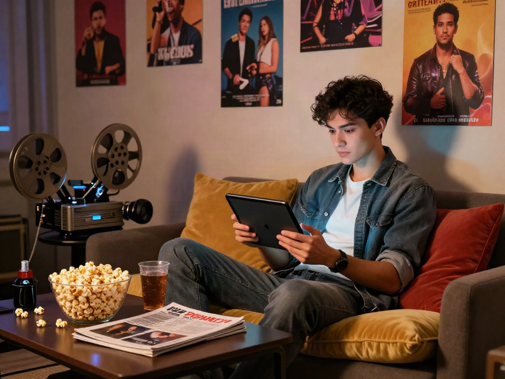 A young adult enjoying ari kytsya porn videos in a trendy entertainment setup with ambient lighting.