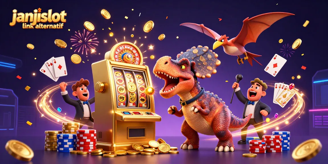 Catch big wins with janjislot link alternatif as animated dinosaurs celebrate jackpots in a vibrant casino.
