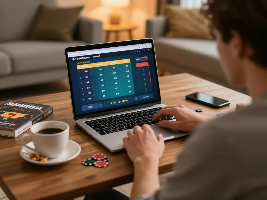 Go88 player engaged in intense online poker game session at home, showcasing strategy and winnings.