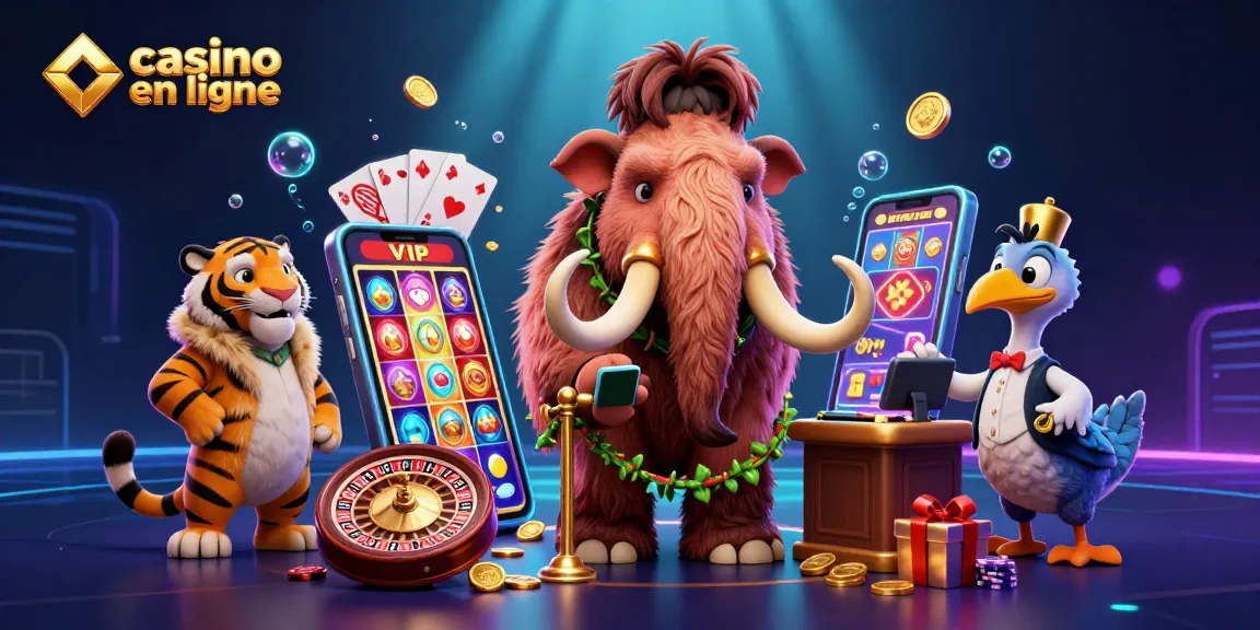 Le casino en ligne présente un bouncer mammouth vérifiant des identités, avec une ambiance dynamique et festive.
