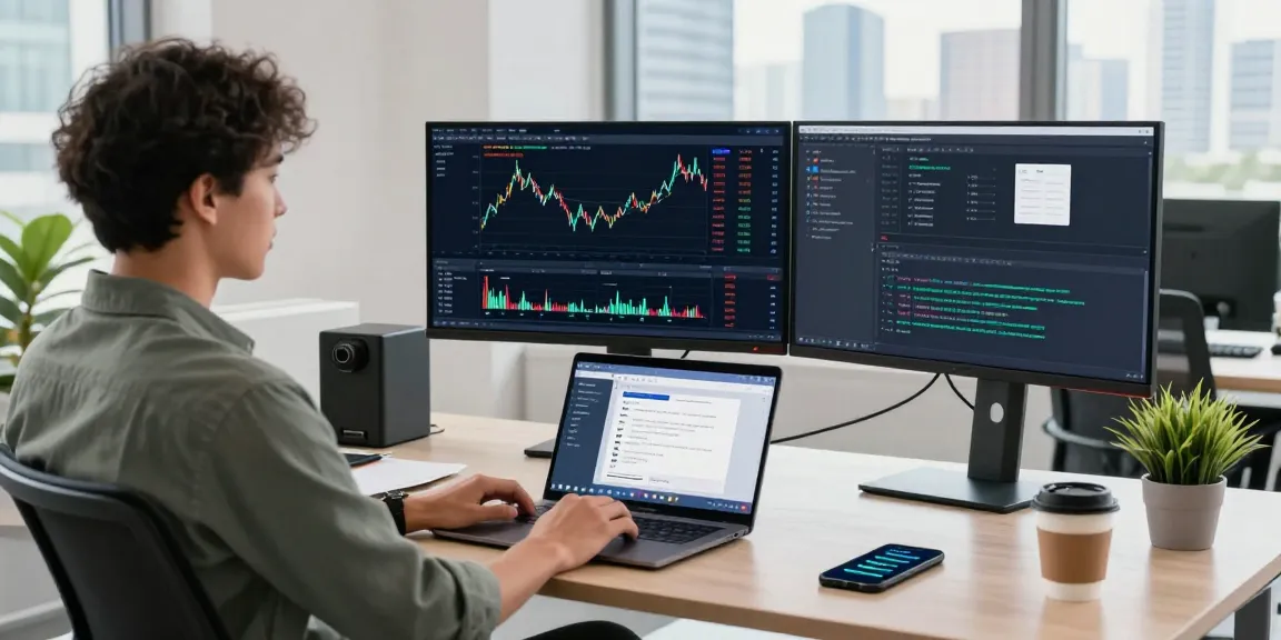 实时金融数据开发环境，使用WebSocket金融推送API的程序员在现代办公桌前工作。
