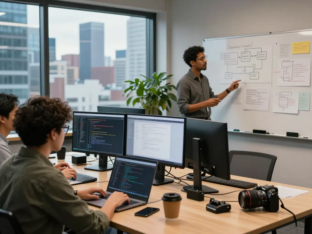 Team collaborating on software development with Moltbot integration in a vibrant workspace.