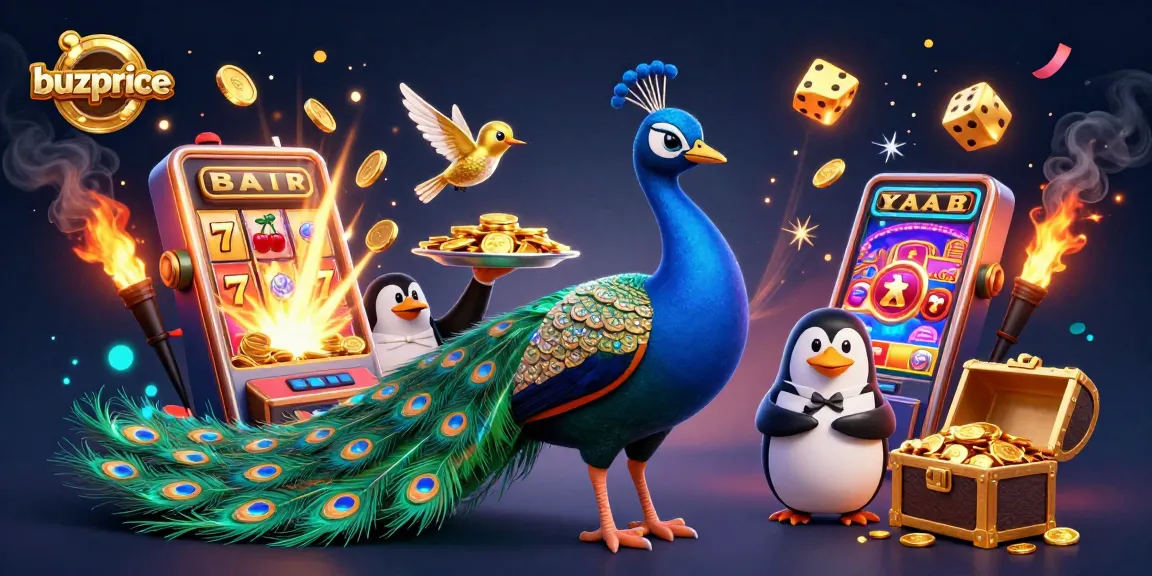 Experience jackpot thrills with buzprice in a vibrant 3D casino scene featuring rich characters and games.