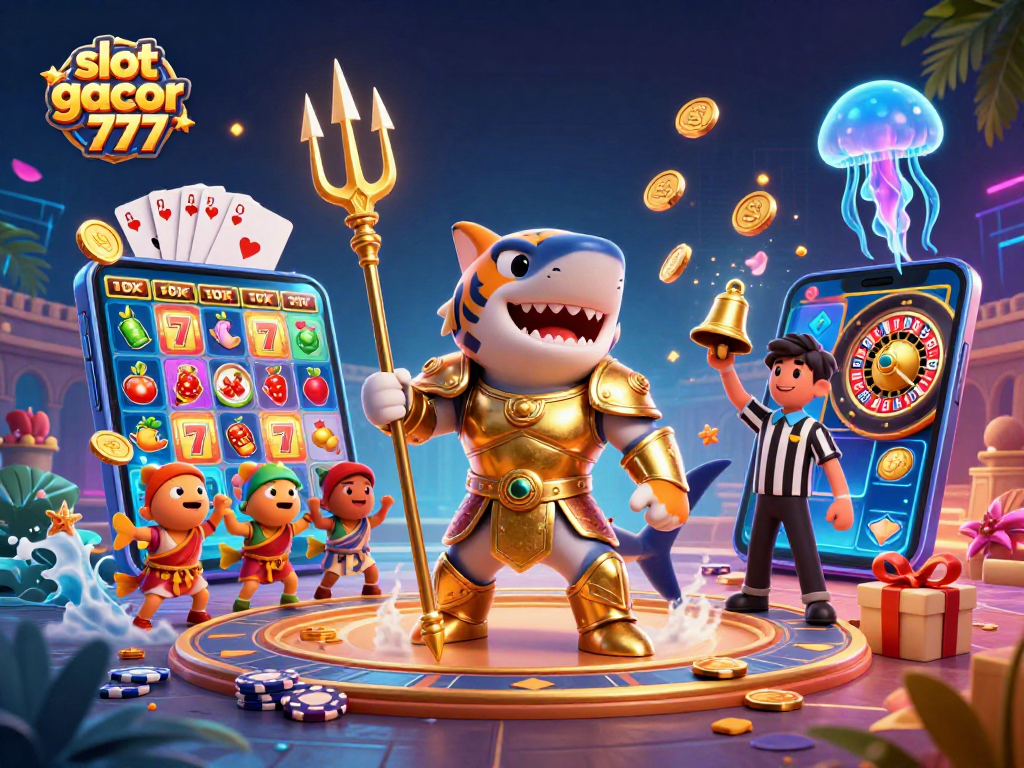 Experience excitement with slot gacor 777 in a vibrant underwater casino scene featuring a golden shark, colorful slot games, and cheering fish.