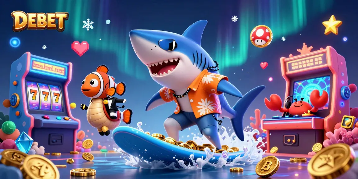 DEBET showcases a vibrant casino scene with a surfing hammer-head shark, clownfish, and crab DJ.