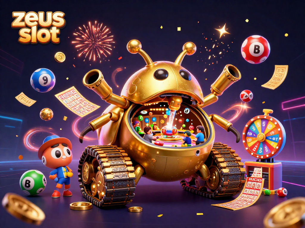 Experience the excitement of zeus slot with the colorful, dynamic casino scene featuring a golden beetle tank and vibrant game elements.