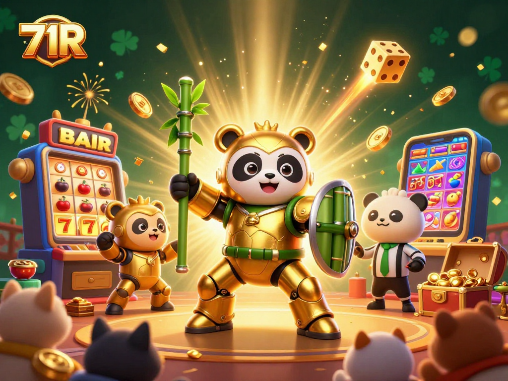 71R em ação com panda robótico em arena de cassino vibrante, ganhando prêmios grandes.