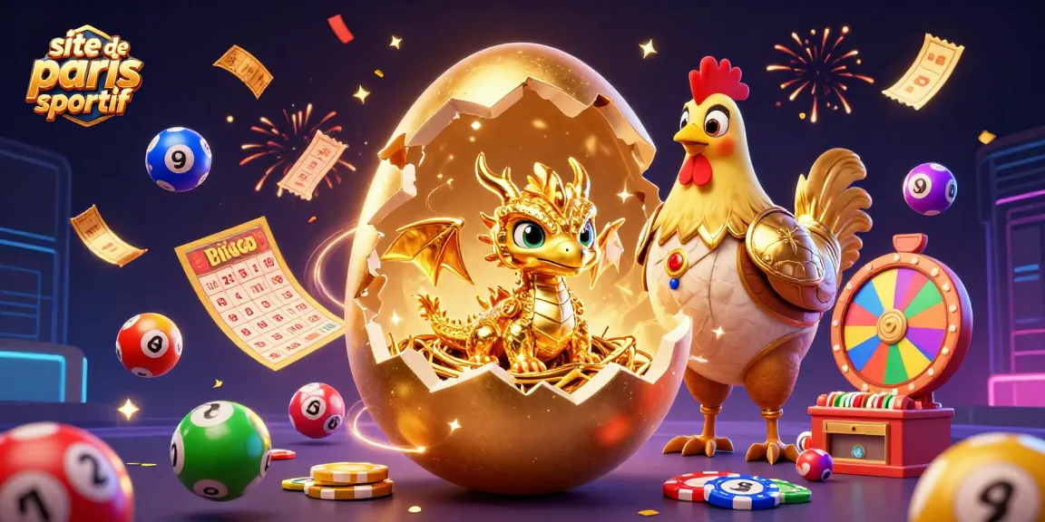 Il s'agit d'une scène festive sur un site de paris sportif mettant en vedette un œuf doré qui éclate, un dragon doré et des éléments de jeu.