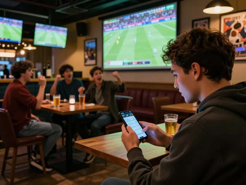 Engaging sports betting scene at a bar showing kèo nhà cái while watching the game on large screens.