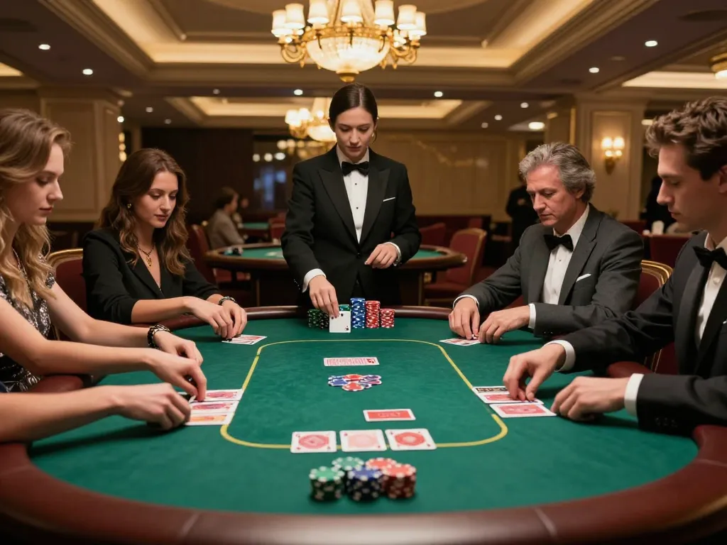 Players strategizing at a sunwin poker table, showcasing high-stakes gaming atmosphere with cards and chips.