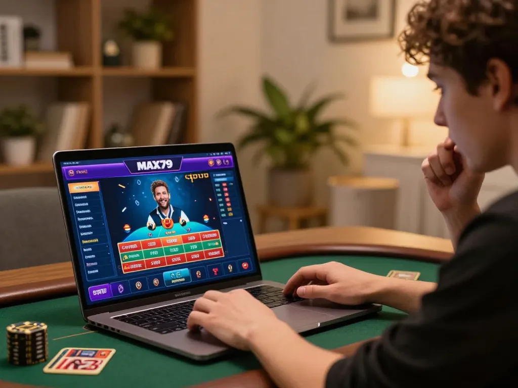 MAX79 player engaging in online casino gaming, showcasing strategic decision-making in a cozy home setting