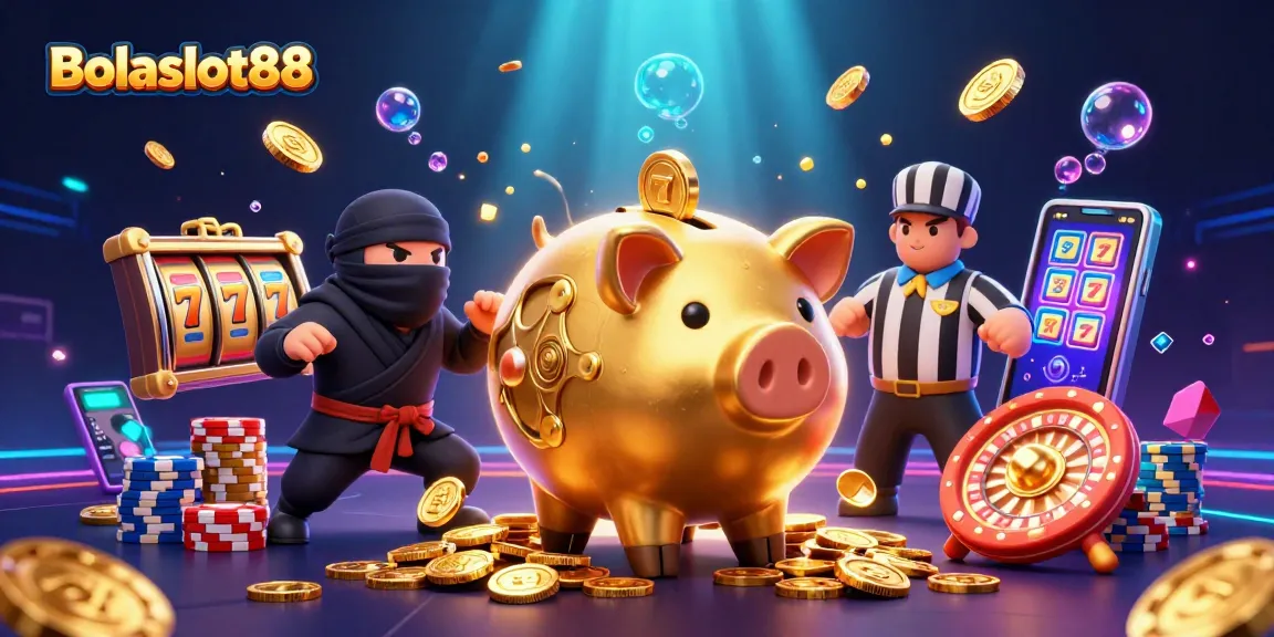 Bolaslot88 showcases a dynamic scene of a piggy bank sumo wrestler, wallet-ninja, and credit-card samurai amidst cascading coins and vibrant slot reels.