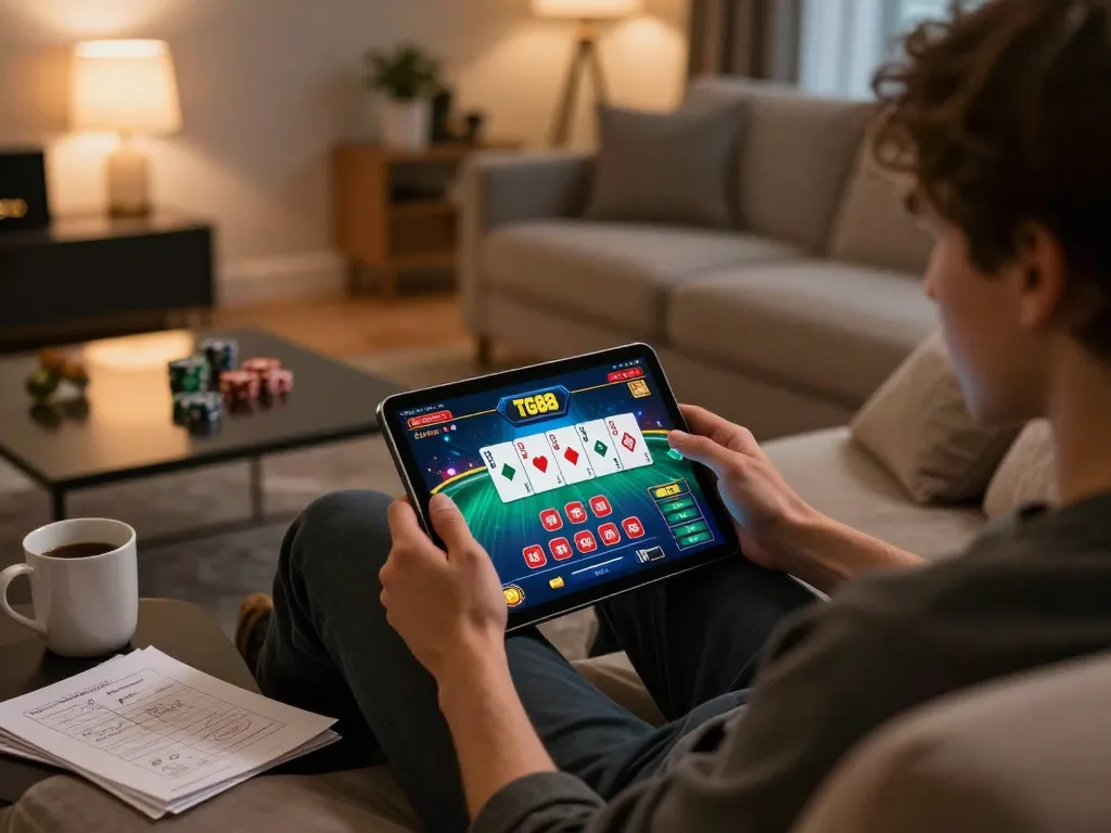 Player enjoying TG88 casino app on tablet in cozy living room, highlighting online gaming experience