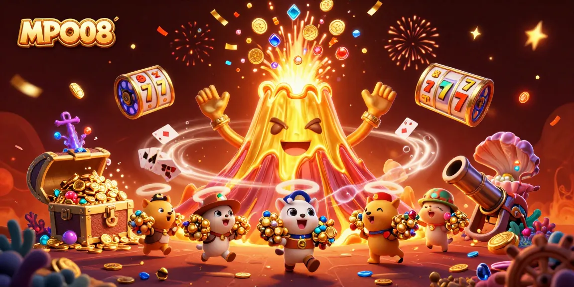 Spin the reels with MPO08 as the golden volcano erupts gems and coins celebrating jackpots in vibrant detail.
