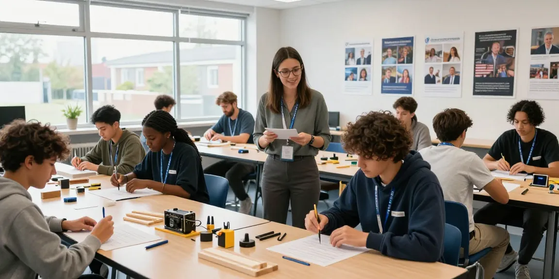 Students participating in vocational training UK in a modern classroom, engaging in hands-on learning activities.