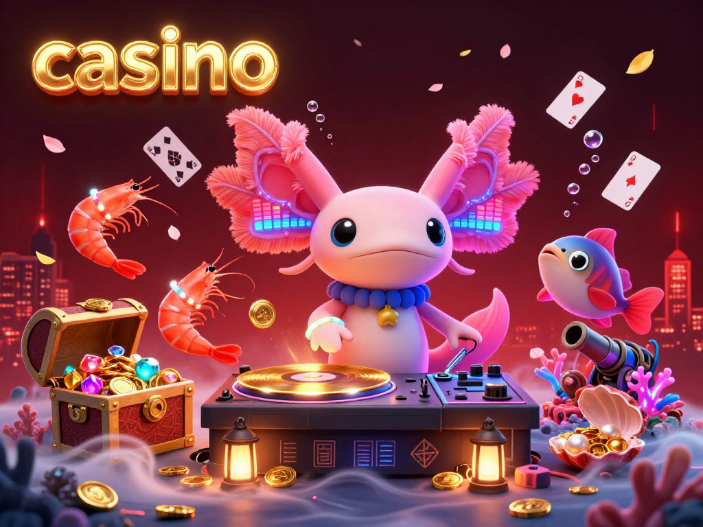 Engaging 3D illustration of a casino scene featuring a DJ axolotl, dancing shrimp, and a hype-man blowfish.