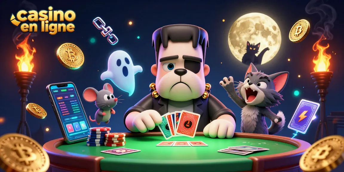 Le bulldog Frankenstein dans un casino en ligne, distribuant des cartes avec un chat-garou et une souris fantôme.