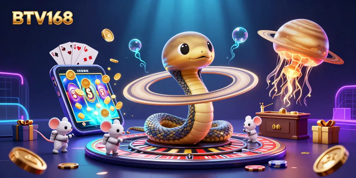 BTV168 engages gamblers with a vibrant 3D scene of an animated roulette wheel and astronauts betting in space.