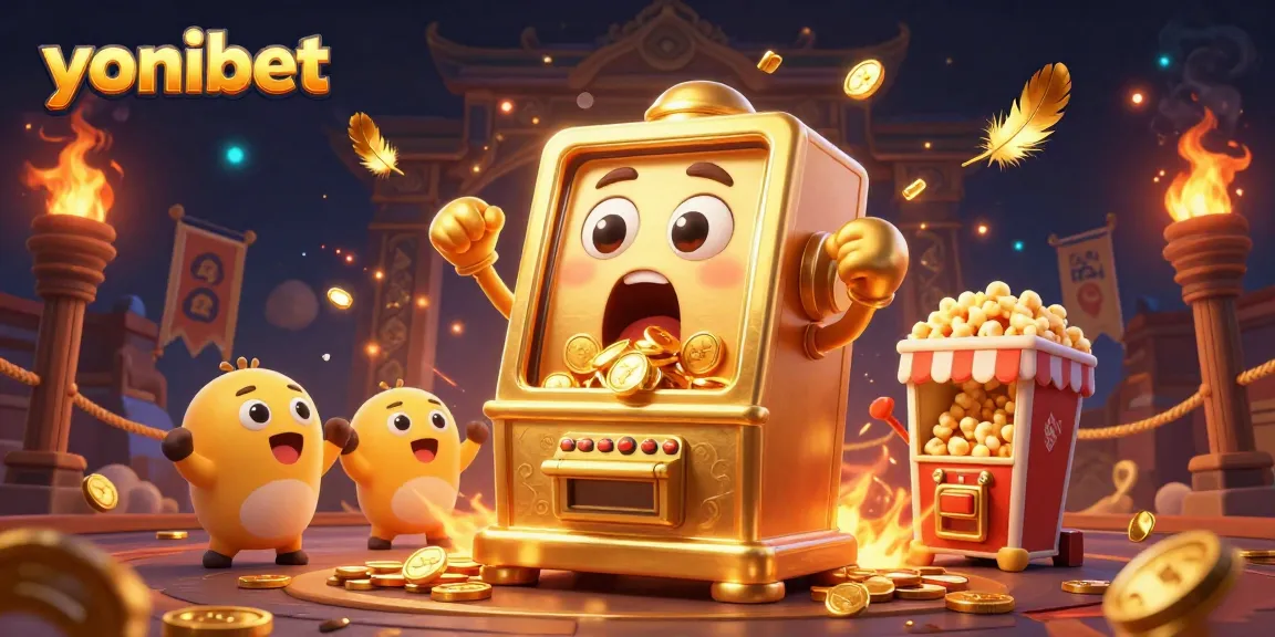 Experience the excitement at yonibet with a thrilling 3D golden slot machine jackpot scene.