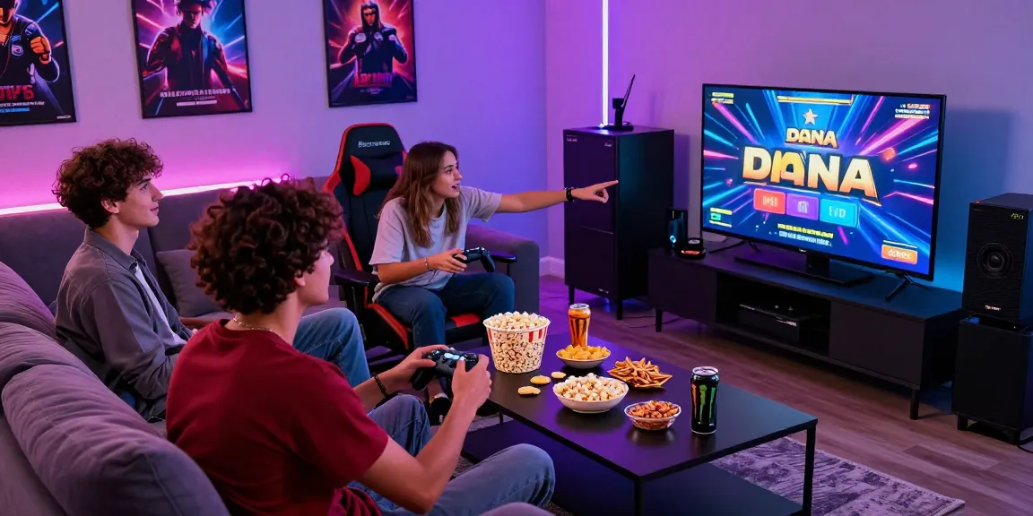 Exciting slot dana gaming scene with friends in a lively living room, showcasing action and engagement.