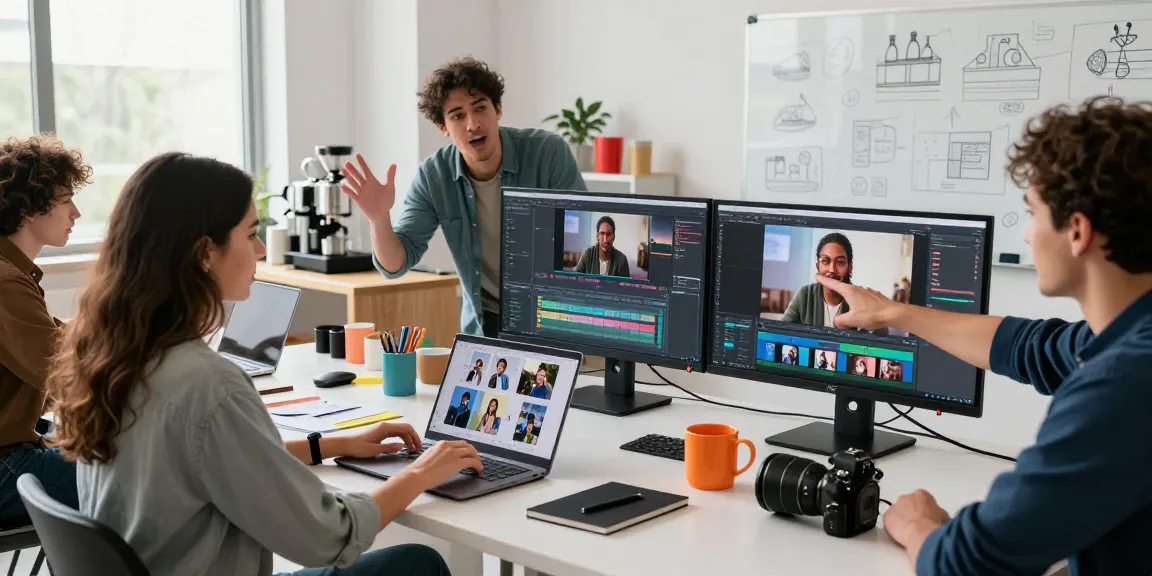 Dynamic workspace scene showcasing diverse creators using ai seedance 2.0 for collaborative video production in a modern studio.