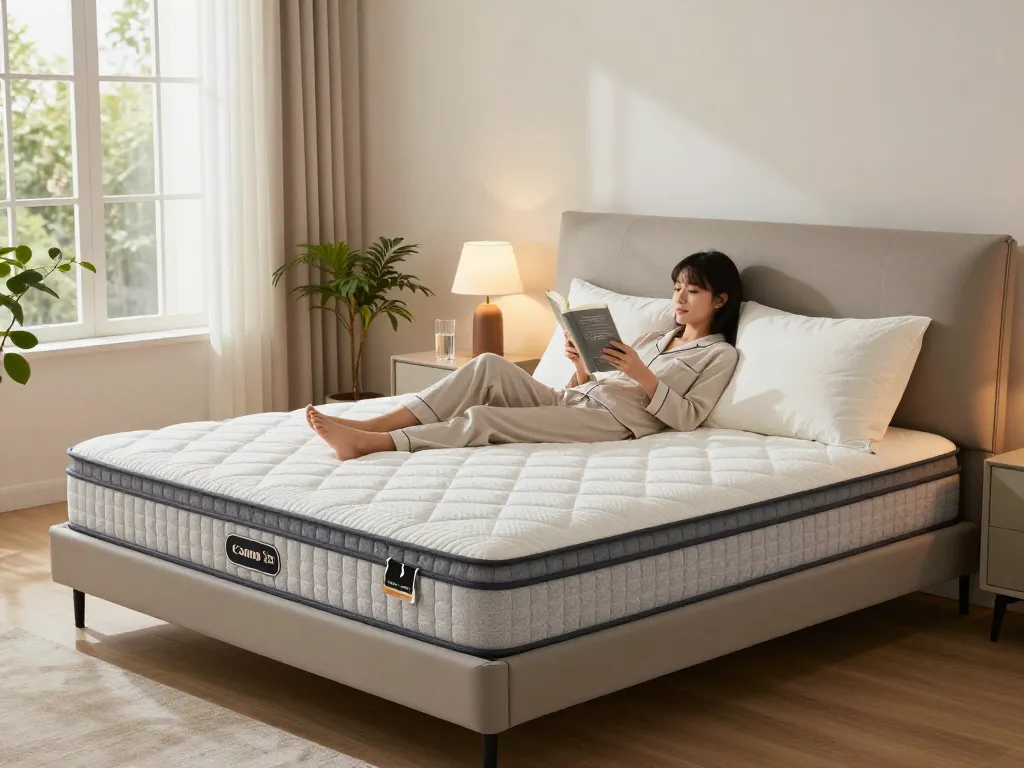 Hybrid mattress offering comfort and support in a cozy bedroom setting.