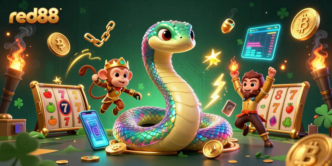Explore vibrant red88 gaming scenes with a rainbow serpent and crypto coins.