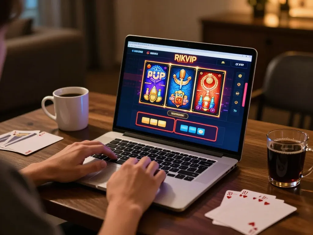 Person enjoying RIKVIP online gaming with engaging slot games on modern laptop, strategic gameplay in comfortable setting.