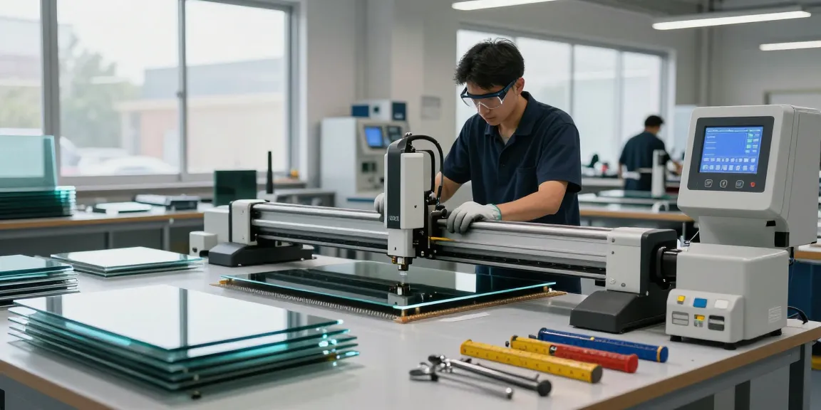 Technician using a glass cutting table in a high-tech workshop.