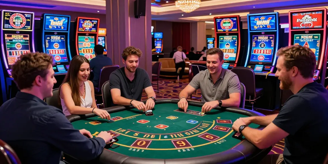 Paysafe-Karten-Casino-Szene mit Spielern, die Spiele genießen und lebendige Dekoration, die sichere digitale Transaktionen präsentiert.