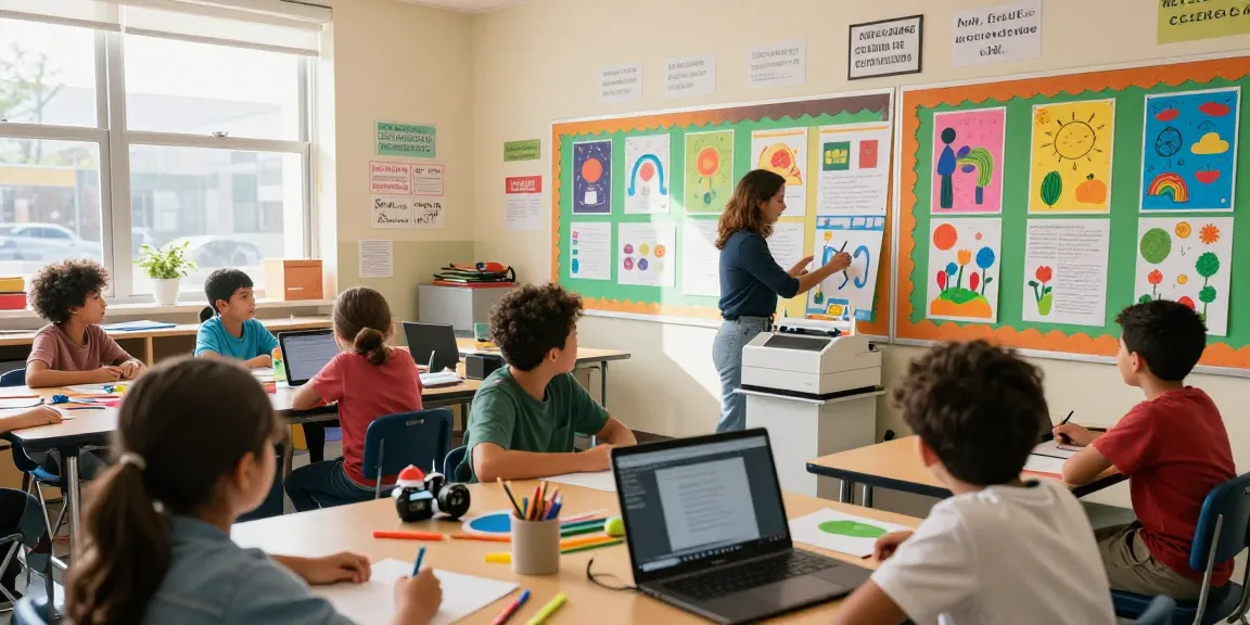 Students using a poster making machine to create colorful designs in a vibrant classroom.
