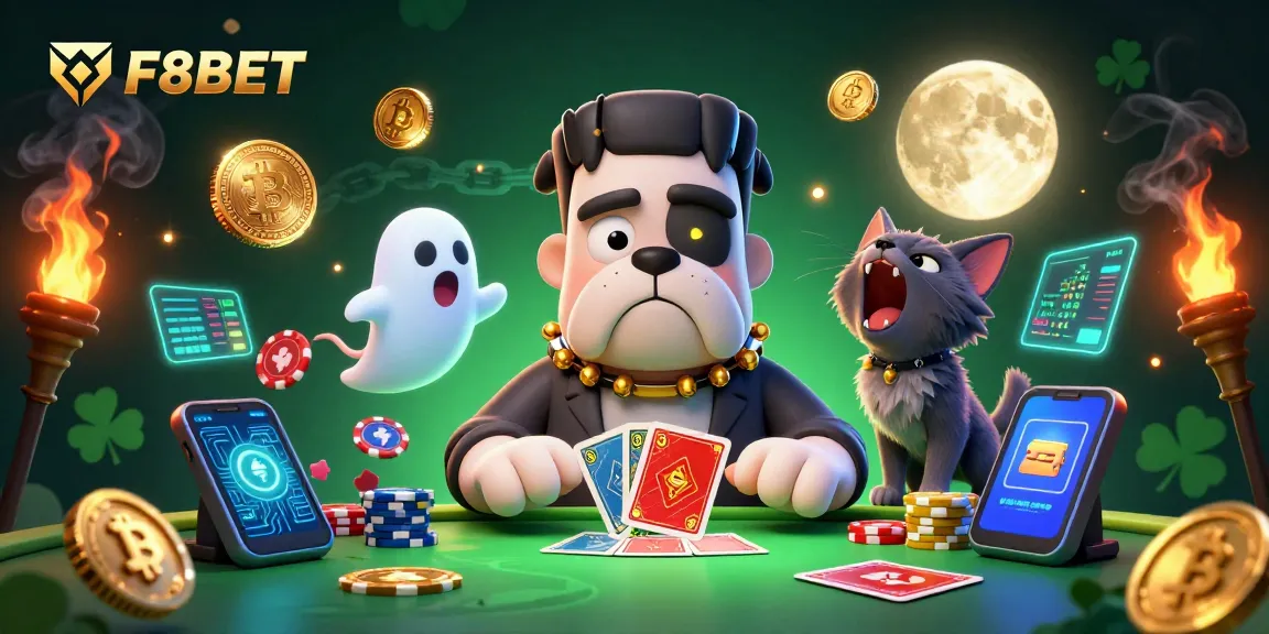 F8BET brings excitement with a spooky casino scene featuring animated characters and cryptocurrency elements.