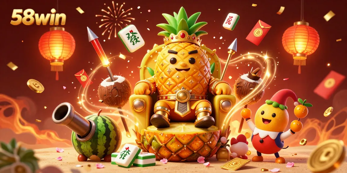 Experience 58win's vibrant beach casino with a golden pineapple king and festive elements.