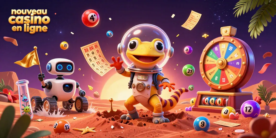 Découvrez les nouvelles offres excitantes du nouveau casino en ligne avec un gecko martien et des éléments de jeu colorés.