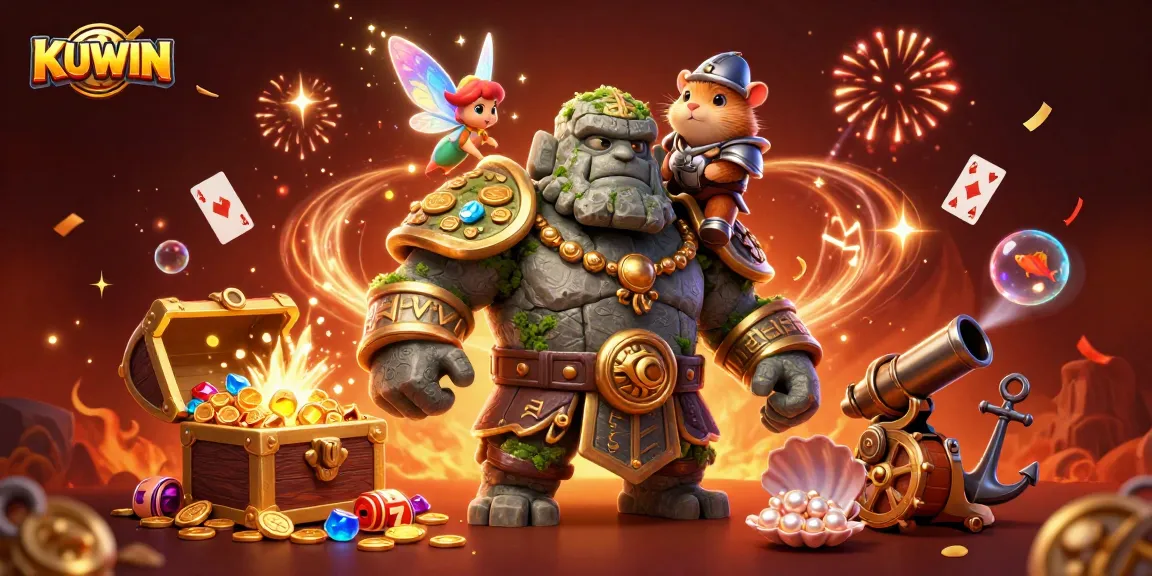 Win big at KUWIN with a vibrant illustration featuring a magical golem and treasures