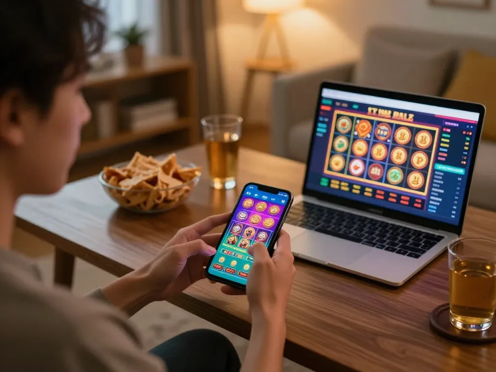 Engaging smartphone gameplay on TR88 online casino app in a cozy home environment