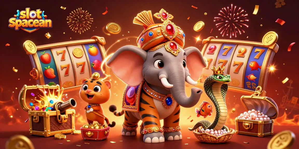 Engage with slot spaceman and colorful slot reels amidst a vivid casino scene.