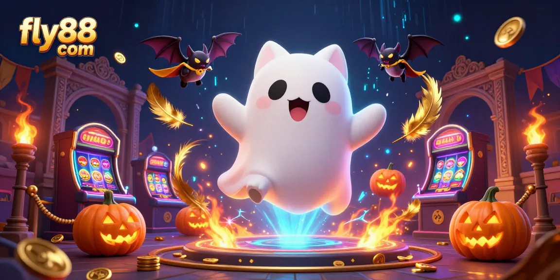 Engage with fly88 com through an exciting scene featuring a ghost cat, vampire bat, and glowing poker pumpkins.