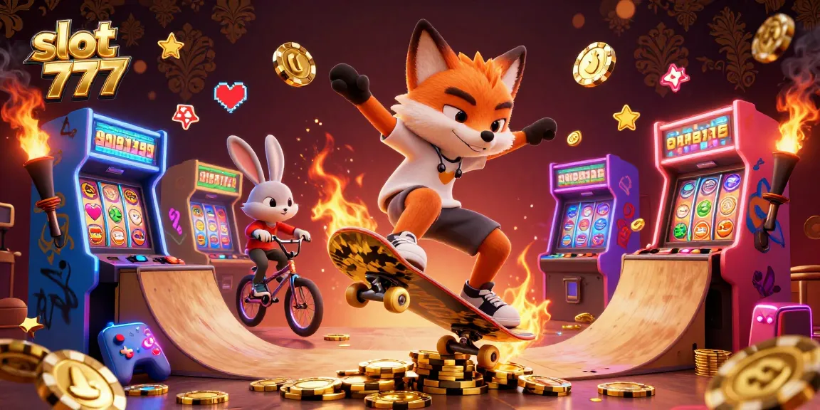 Engage with the vibrant world of slot 777 featuring a skateboarder fox and BMX rabbit in a casino-themed scene.