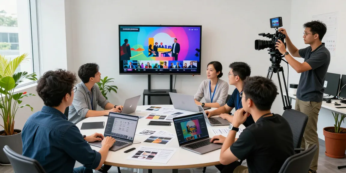 Creative team collaborating on Singapore Corporate Video Production in a vibrant studio.