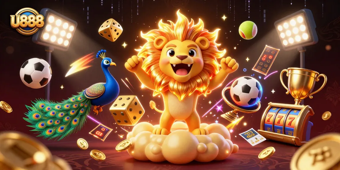 Experience thrilling wins at u888, featuring vibrant 3D illustrations of a lion and casino elements.