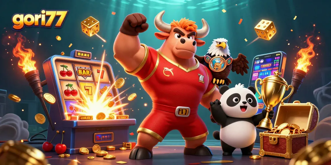 Engage with gori77's thrilling casino experience featuring a winning bull mascot, eagle, and panda.