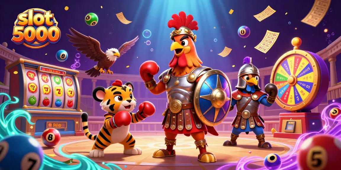 Experience thrilling gameplay with slot 5000 featuring a gladiator rooster in a vibrant casino scene.
