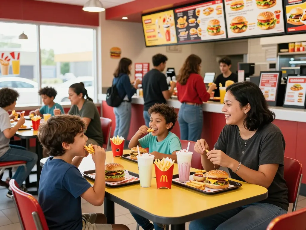 Fast food menu items enjoyed by families in a vibrant restaurant setting.