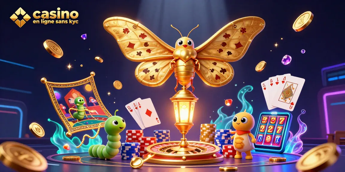 Jouez dans un casino en ligne sans KYC avec des machines à sous et des jeux animés dans une illustration 3D dynamique.