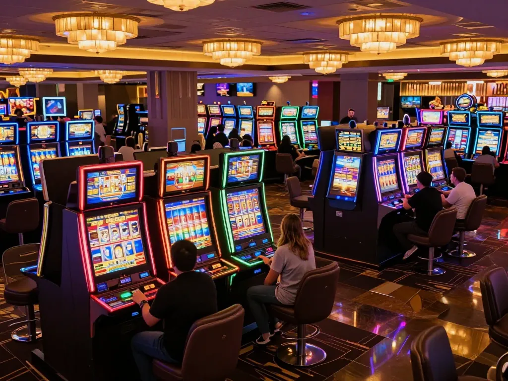 Players enjoying engaging slot machines in a vibrant casino space, showcasing lively gaming moments