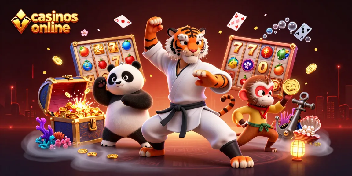 Explora casinos online con una emocionante escena de un tigre, un panda y un mono en acción.