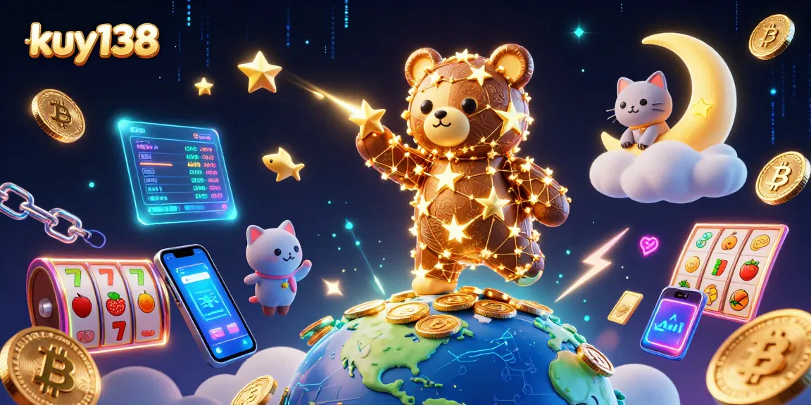 Menangkan jackpot dengan kuy138 bersama beruang bintang di kasino virtual, dikelilingi koin crypto bersinar.